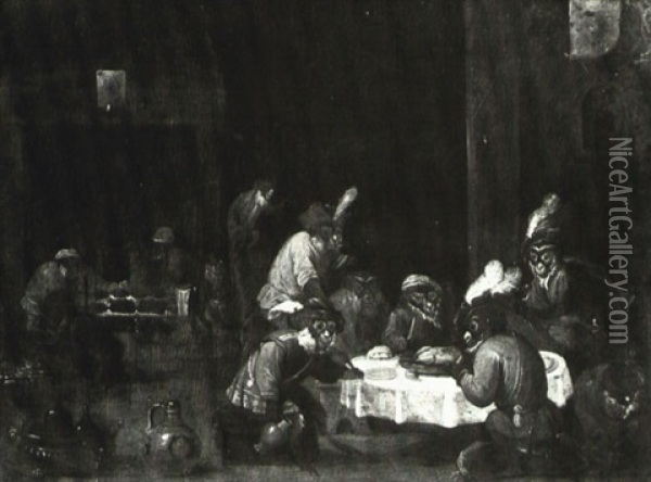 Monkeys Feasting In An Interior Oil Painting - Ferdinand van Kessel