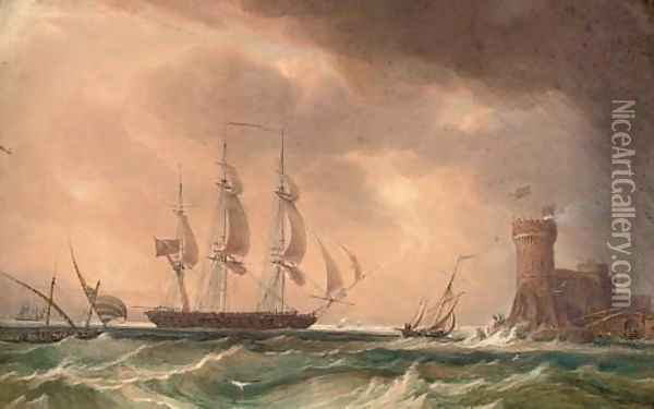 An English frigate arriving off a fortified Mediterranean port Oil Painting - John Christian Schetky
