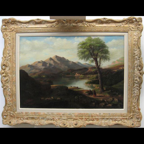 Figures, Cattle And Grazing Sheep By Highland Lake Oil Painting - William Jackson