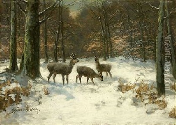 Rehe Im Winterlichen Wald Oil Painting - Otto Scheuerer