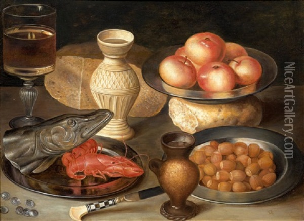 Still Life With Apples, Hazelnuts, Bread, Pike And Crayfish Oil Painting - Georg Flegel