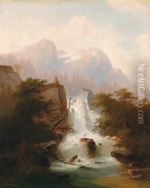 Hochgebirgslandschaft Mit Einem Wasserfall Oil Painting - J. Gartner