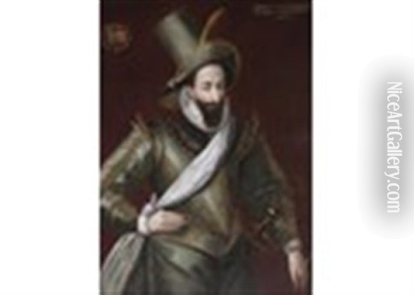 Portrait Of Henri Iv, King Of France (1553-1610), Three-quarter Length, Standing, Wearing A Green And Gold Doublet And A White Ruff And Sash Oil Painting - Francois Bunel the Younger