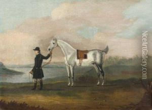A Grey Hunter Held By His Groom In A Landscape Oil Painting - J. Francis Sartorius