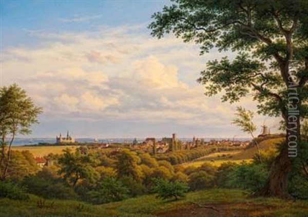 View Of Helsingor (elsinore) And The Sound Oil Painting - Frederik Christian Jacobsen Kiaerskou