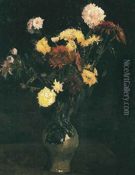 Vase With Carnations And Zinnias Oil Painting - Vincent Van Gogh