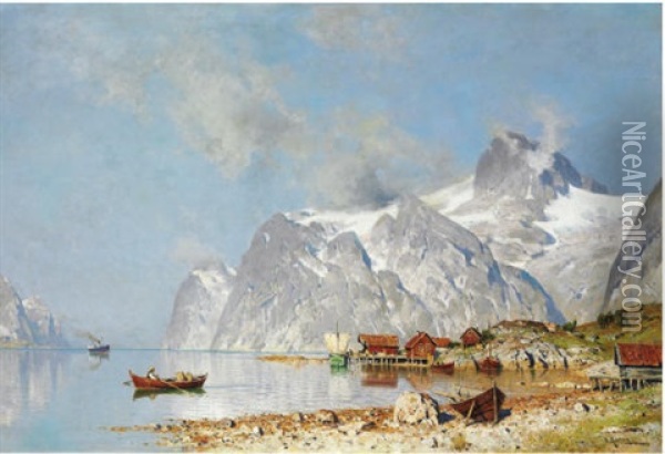 A Village Near A Fjord Oil Painting - Walter Moras