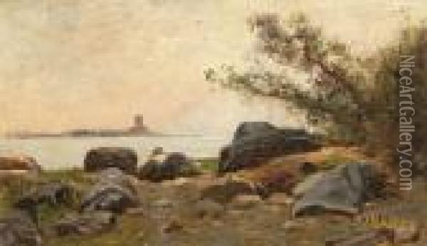 Blick Uber Felsiges Ufer Auf Ein Sich Bis Zum Horizont Erstreckendes Gewasser. Oil Painting - Edward B. Gay