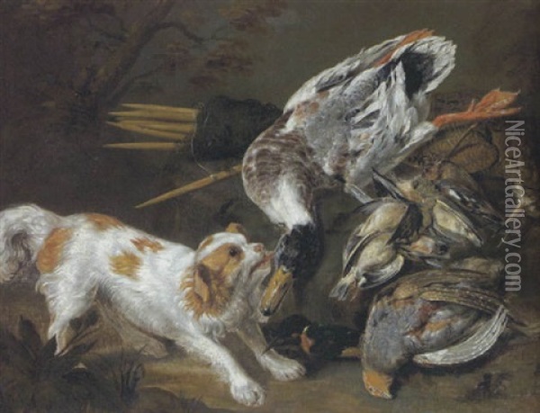 Jagdstilleben Mit Ente, Krammetsvogeln, Schnepfe Und Rebhuhnern, Bewacht Von Einem King Charles Hund Oil Painting - Frans van Cuyck