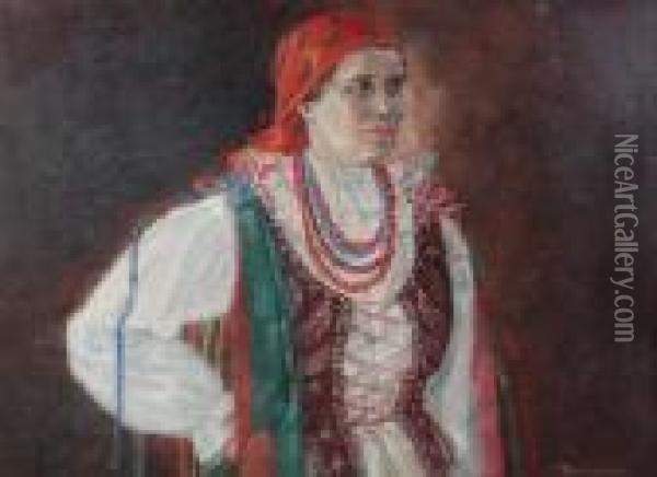 Kobieta W Krakowskim Stroju Oil Painting - Antoni Piotrowski