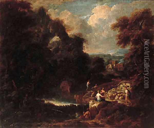 An Italianate landscape with peasants resting on a track by a stream Oil Painting - Cornelis Huysmans