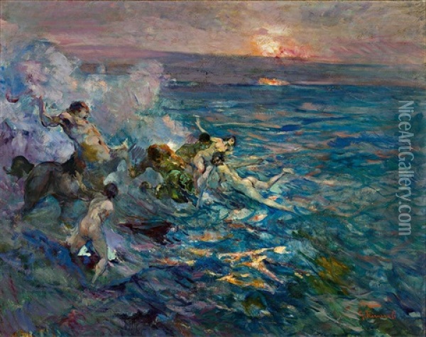 Sonnenuntergang Mit Badenden Nymphen Und Zentaur Oil Painting - Giuseppe Rivaroli