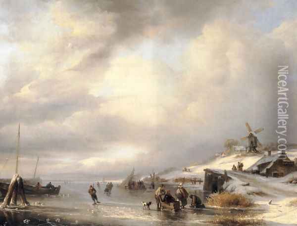 Figures on a frozen lake Oil Painting - Antonij Andreas de Meyer