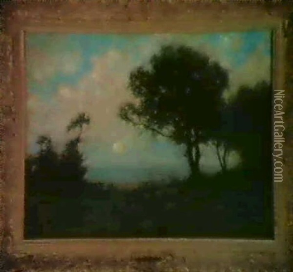 Pastoral Landscape Of Meadow, Trees, Moon And Sky Oil Painting - Arthur Hoeber