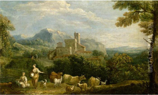 Pastoral Landscape With Drovers In The Foreground A Hill Top Town Beyond Oil Painting - Giuseppe Zais
