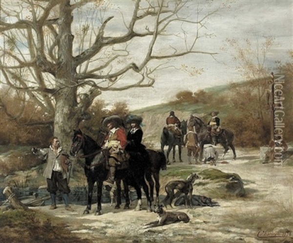Edelleute Zu Pferd Mit Ihren Hunden Auf Der Jagd Oil Painting - Theobald Chartran