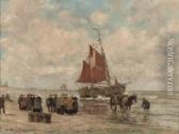 A Gathering On The Beach Of Katwijk Oil Painting - Wilhelm Hambutchen