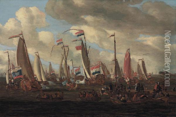 Tsar Peter The Great Viewing The Mock Sea Battle Held In His Honour Oil Painting - I. De Beer