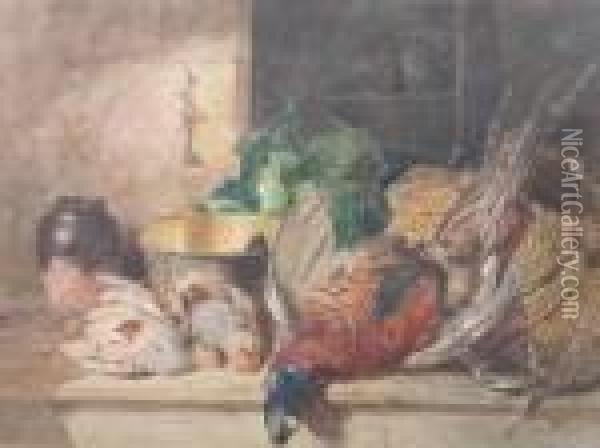 A Still Life With Dead Pheasant, Partridges, Brass Pan And Jar On A Tabletop Oil Painting - James Hardy
