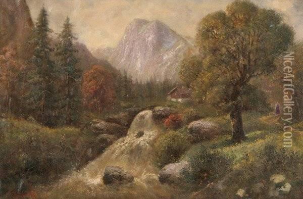 Countryside Landscape With Cottage And Stream Oil Painting - G. Kolbe
