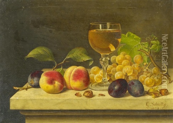 Stillleben Mit Obst Und Einem Glas Wein Oil Painting - Gottfried Schultz