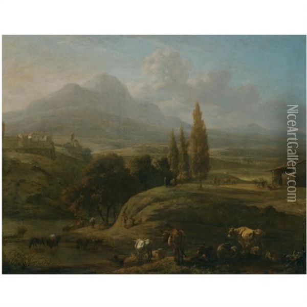 A Panoramic Landscape With Herders And Their Cattle In The Foreground Oil Painting - Willem Romeyn