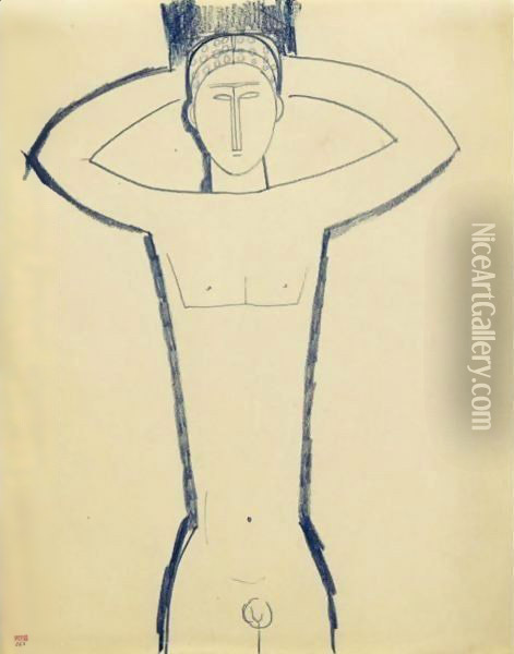 Cariatide Masculine, Mains Derriere La Tete Oil Painting - Amedeo Modigliani