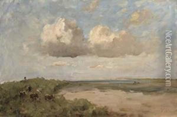 St Marnock's Strand And Sea With Five Cows Oil Painting - Nathaniel R.H.A. Hone Ii,