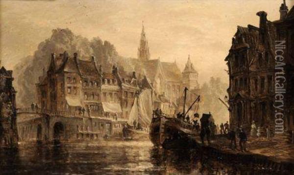On The Canal At Leyden Oil Painting - Henry Thomas Dawson