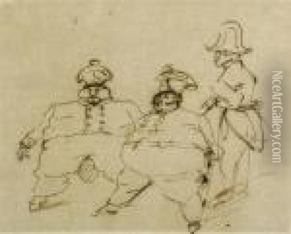 Caricature Of Three Men In Uniform Oil Painting - Giovanni Battista Tiepolo