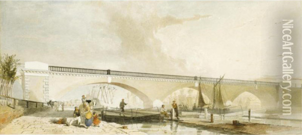 Figures Gathered Before The Regent's Viaduct, London Oil Painting - George Haydock Dodgson