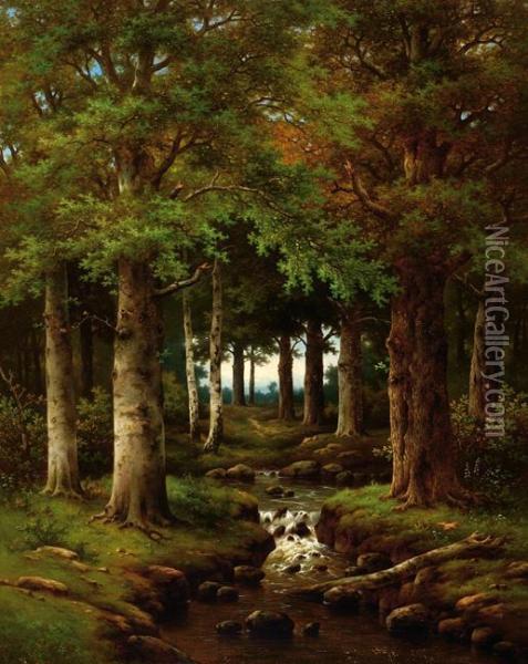 View On A Small River In The Woods Oil Painting - Hendrik Pieter Koekkoek