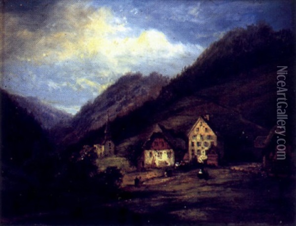 Village En Suisse Oil Painting - Pierre Justin Ouvrie