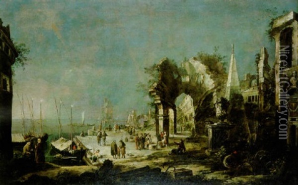 Marina Mediterranea Con Astanti Vari E Un Capriccio Di Rovine Classiche Oil Painting - Johann Anton Eismann