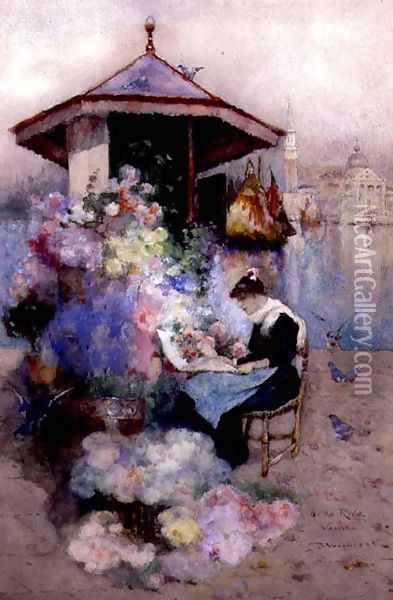 Flower Seller on the Riva, Venice Oil Painting - David Woodlock