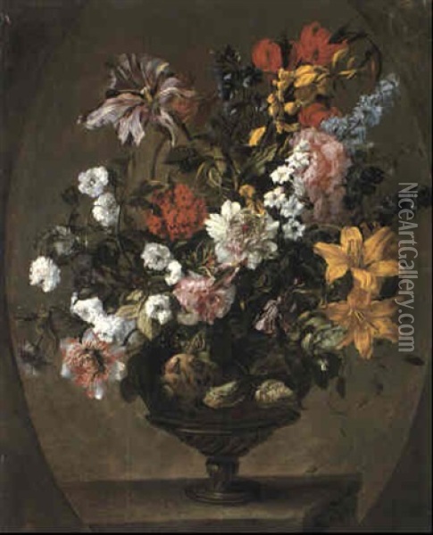 Flowers In A Sculpted Urn On A Pedestal Oil Painting - Antoine Monnoyer