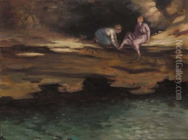Two Women On A Rock Ledge Above A Pool Oil Painting - George Russell