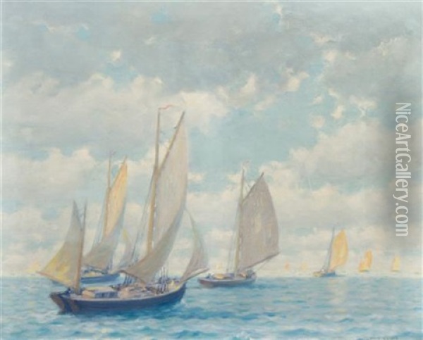 Departure Of The Fishing Fleet Off Oil Painting - David Ericson