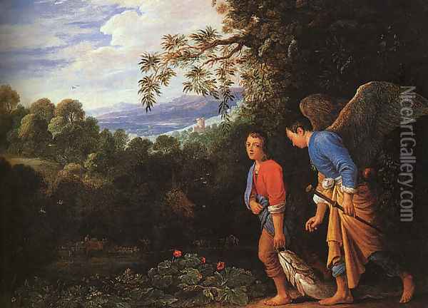 Tobias and the Archangel Raphael Returning with the Fish 1600s Oil Painting - Follwer of Elsheimer Adam