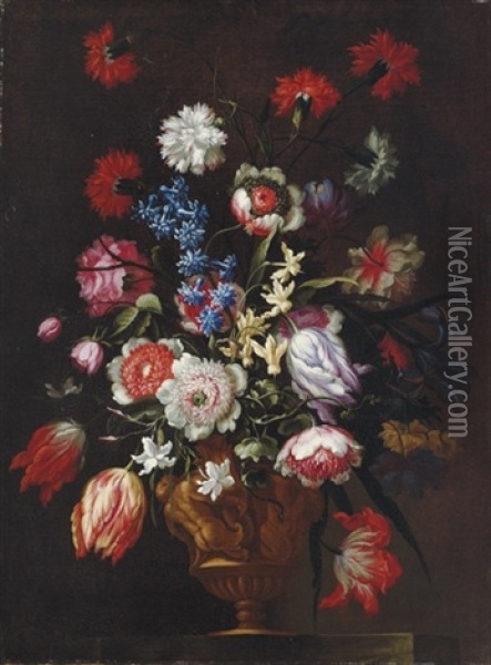 Roses, Tulips, Carnations And Other Flowers Oil Painting - Francesco Mantovano
