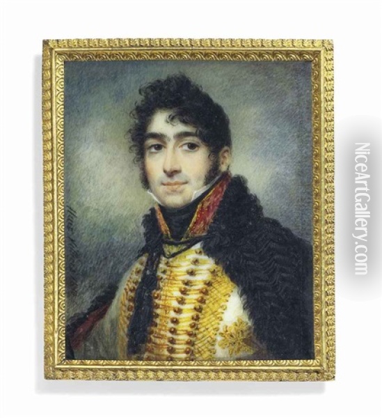 A Young Officer, In Gold-braided White Uniform With Red Collar, Black Stock, Black Cloak Draped Over His Shoulders And Tied At Front, Dark Curling Hair And Sideburns Oil Painting - Jean Francois Marie Villiers-Huet