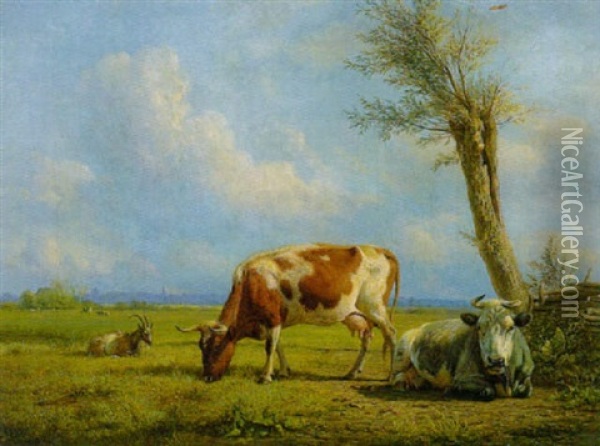 Kuhe Und Ziege Auf Der Weide Bei Einem Kopfweidenbaum Und Zaun Oil Painting - Jan Kobell the Younger