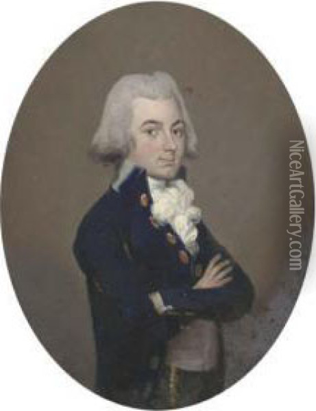 Portrait Of A Bewigged Gentleman, Half-length, In A Blue Coat Oil Painting - Francis Alleyne