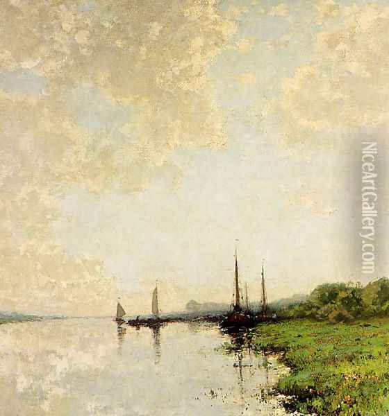 A Summer Landscape With Boats On A Waterway Oil Painting - Cornelis Kuypers