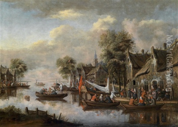 Flusslandschaft Mit Einem Dorf Und Vielen Booten Mit Zahlreichen Personen Oil Painting - Thomas Heeremans