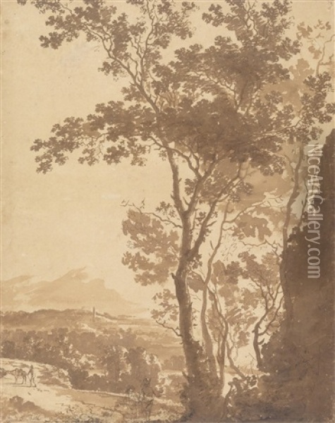 Landschaft Mit Blick In Ein Tal, Ein Groser Baum Und Zwei Wanderer Im Vordergrund Oil Painting - Jan Dirksz. Both
