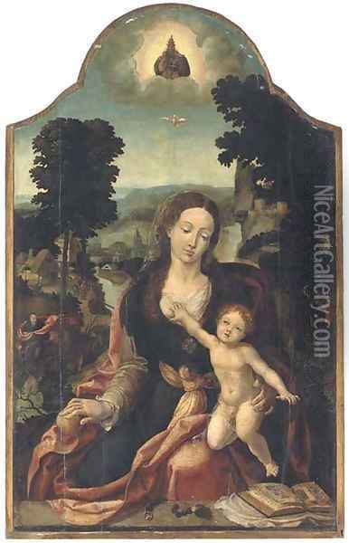 The Virgin and Child in an extensive river landscape Oil Painting - Pieter Coecke Van Aelst