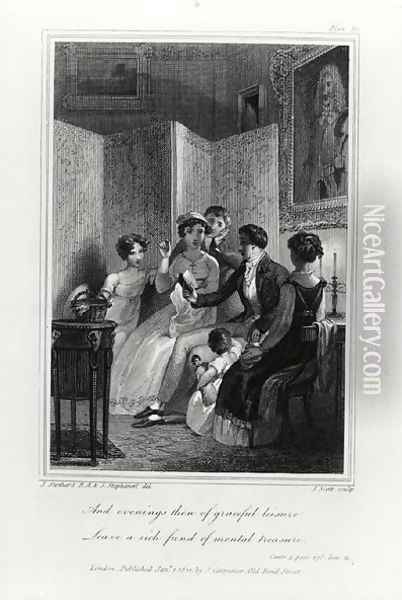 Family Scene - Evening in the Drawing Room, from 'The Social Day' by Peter Coxe, engraved by J. Scott, published 1822 Oil Painting - Stothard, T. & Stephanoff, J.