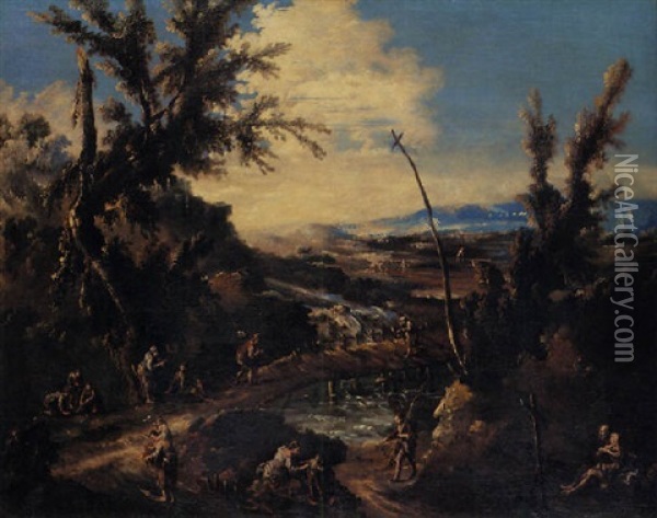 An Extensive Wooded Landscape With A Hermit, Travellers And Other Figures By A River With A Bridge Oil Painting - Alessandro Magnasco