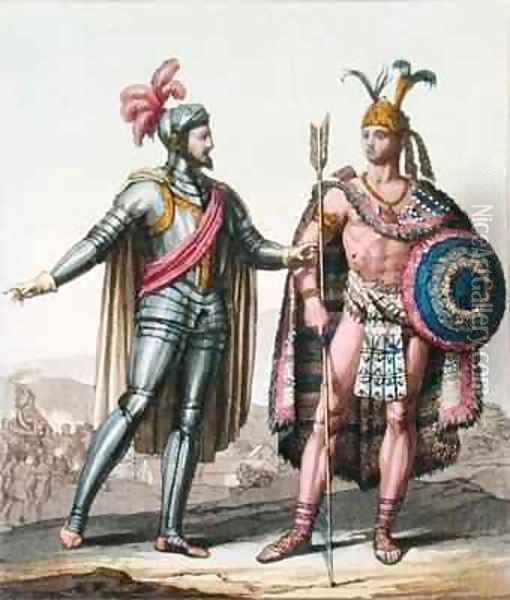 The Encounter between Hernan Cortes 1485-1547 and Montezuma II 1466-1520 Oil Painting - Gallo Gallina